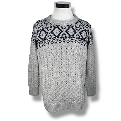 Suéter Pullover Aran Crafts Jacquard Para Mujer XL Gris Azul Lana Merino Tejido Nuevo Foto 1 de 4