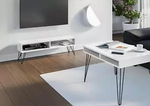 110cm Tv Stand Table Living Room Hairpin Industrial Metal Legs White Gloss - Picture 1 of 4