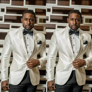 White Silk Satin Men Suits Wedding Groom Prom Formal Shawl Lapel Men Tuxedos - Picture 1 of 8