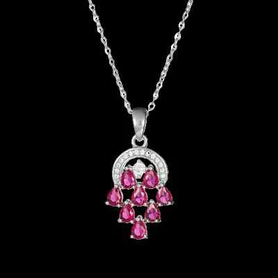 14k White Gold Plated 3x4mm Pear Ruby 1'' Pendant Gemstone free chain - Image 1 of 2