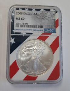 2008 NGC MS69 1 Troy Ounce .999 Pure Silver Eagle American Flag Slab