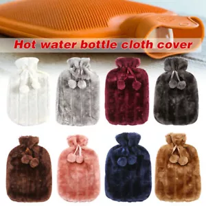 Large 2L Hot Water Bottle Cover Natural Winter Warm Faux Fur Fluffy Pompom Cover - Picture 1 of 25