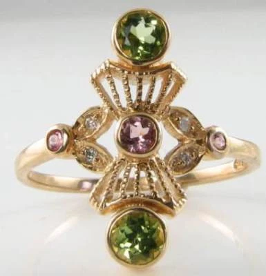 9K 9CT GOLD PINK TOURMALINE PERIDOT DIAMOND ART DECO INS RING FREE RESIZE - Image 1 of 4