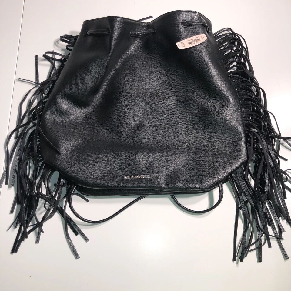 Victoria's Secret ST 11067913 Black Fringe Tassel Backpack Drawstring Purse New - Image 1 of 4