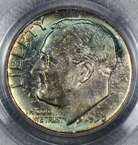 1956 MS67 silver PCGS MS67 roosevelt dime stunning blue toning PC0183 combine - Picture 1 of 4