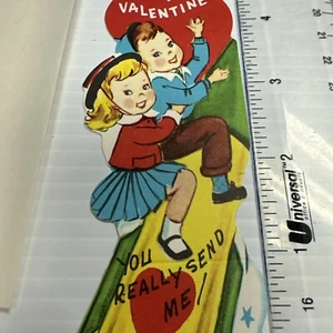 Vtg UNUSED Valentine’s Day Card W/Env SS Boy Girl MCM Riding Rocket Ship Space - Picture 1 of 3