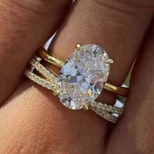 3.00 CT Oval Real Moissanite Engagement Ring Set 14K Yellow Gold Plated Silver - Picture 1 of 8
