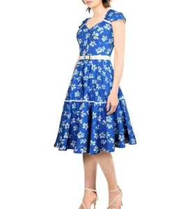 2X CREAM DAISYS CAP SLEEVES CASUAL FLIRTY BELTED LILAC BLUE LADY DAY DRESS 18 20 - Picture 1 of 5
