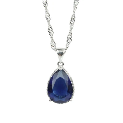 White Gold Finish Created Diamond And Sapphire Pear Cut Pendant Necklace - Image 1 of 4