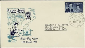 Guías de niñas Jubilee 1960 5d, cubierta real FDC azul oscuro/azul. Pott's Point PMK - Imagen 1 de 2