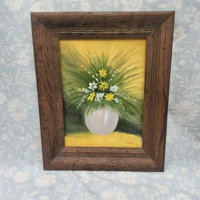 Pintura original enmarcada vintage amarilla flores verde hogar arte de pared marco de madera Foto 1 de 4