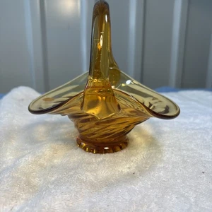 Vintage Amber Glass Hand Blown Swirled Candy Trinket Basket Made In Italy 6.5” - Picture 1 of 4