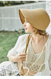 Retro Cute Straw Bonnet Cap for Women Victorian Sun Hat With Chin Strap Foldable - Picture 1 of 9