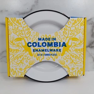 Enamelware Set/2 Steel White Black Rim Dinner Plates 10" Made in Colombia NEW - Picture 1 of 3