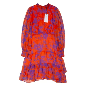 KAREN MILLEN Tiered Womens Day Dress Orange Floral Long Sleeve Knee Length UK 8 - Picture 1 of 6