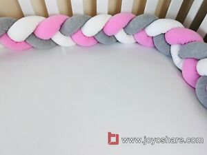  braided cot crib padded protector bumper pink grey white 1/2/3/4M  UK