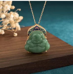 Collana Ciondolo Giada Ciondolo Buddha con Catena Placcata Oro 18K Pietra Preziosa Etnica Regalo - Foto 1 di 7
