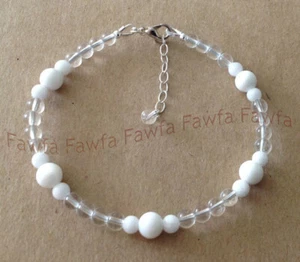 Natural 6mm 8mm White Jade & White Crystal Round Gemstone Beads Bracelet 7.5'' - Picture 1 of 3