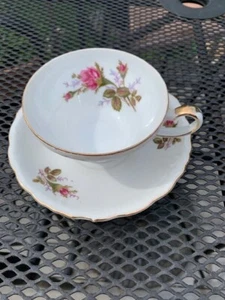 Vintage Teacup and Saucer MOSS ROSE Floral Design Gold Trim - Picture 1 of 8