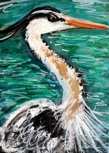 ORIGINAL ACEO Painting Great BLUE HERON Bay Water BIRD Summer Ocean Sea Pond ART - Picture 1 of 1