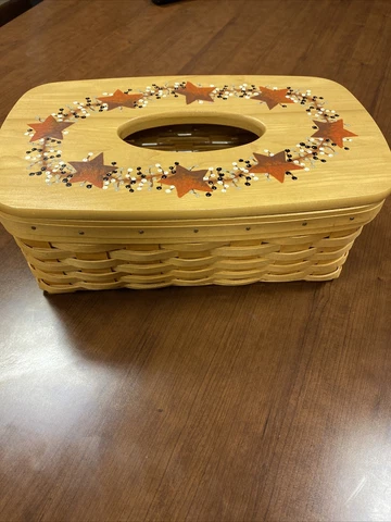Longaberger 2001 Long Tissue Basket  W/ Hand Painted Woodcrafts Lid & Protector Cover