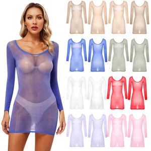Women's Sexy Sheer Lingerie Dress 8D Stretch Long Sleeve Mini Dresses Nightwear - Picture 1 of 67