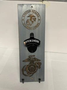 U.S. Marines Wall Bottle Opener With Built In Magnet Pine Wood Laser Engraved - Picture 1 of 4