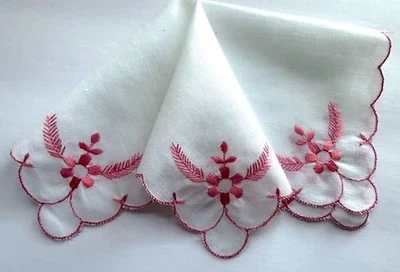 VINTAGE HANKY PINK EMBROIDERY ON WHITE COTTON FLORALS SCALLOPED EDGES 4 CORNERS - Image 1 of 4
