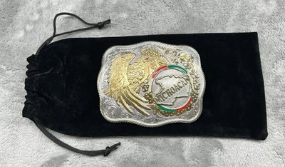 Vtg. Crumrine “Michoacán” Mexico Eagle Belt Buckle Gold & Silver Plated Western - Image 1 of 4