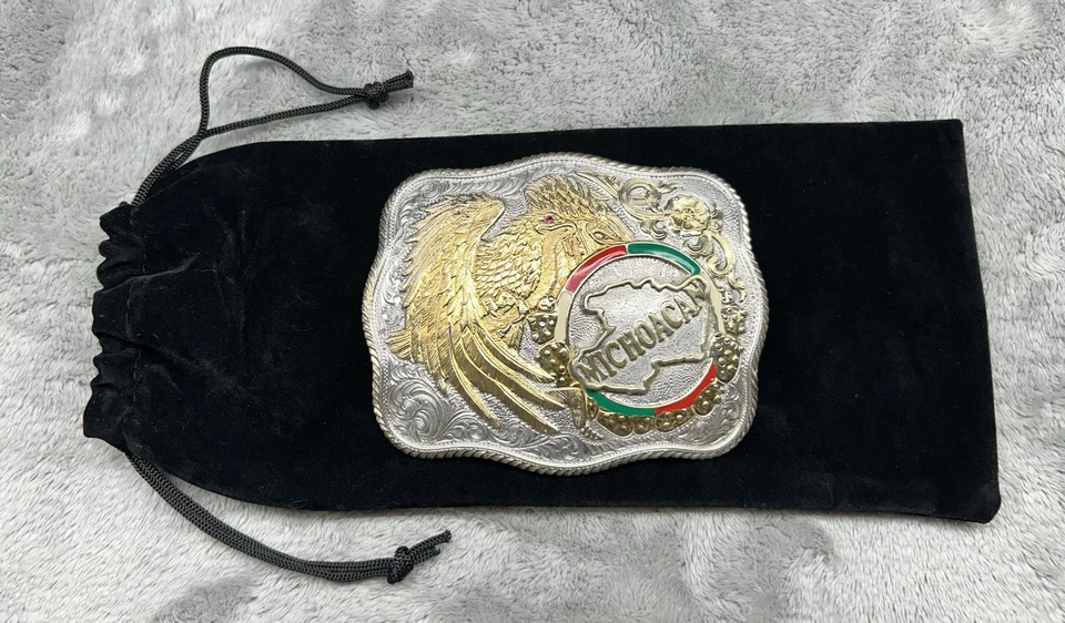 De colección. Crumrine “Michoacán” México Águila Cinturón Hebilla Chapado en Oro y Plata Western Foto 1 de 4