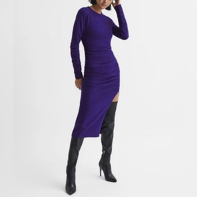 Nuevo Vestido Suéter Reiss Charley Acanalado Manga Larga Mezcla Lana Púrpura Talla XS Foto 1 de 4