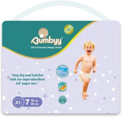 Bumbyy Premium Nappy Pants - Baby Nappies Size 7 (15+kg, 33+lbs) - 21 Count
