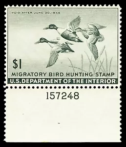 Scott RW12 1945 $1.00 Duck Stamp Mint Plate # Single VF OG NH Cat $100 - Picture 1 of 2