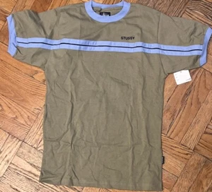 New Vintage Stussy Green Blue T-Shirt Size Small Spell Out Chest Logo - Picture 1 of 4