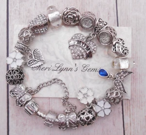 STERLING SILVER PANDORA CHARM BRACELET MOTHER MOM PAVE CRYSTAL HEART CHARMS! - Picture 1 of 7