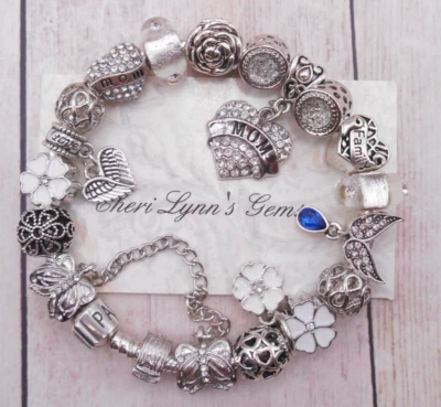STERLING SILVER PANDORA CHARM BRACELET MOTHER MOM PAVE CRYSTAL HEART CHARMS! - Image 1 of 4