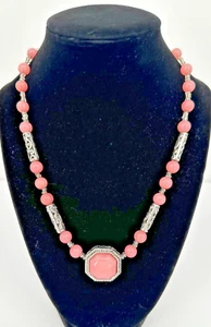Vintage Art Deco Rose Quartz Beaded Silver Tone Filigree Statement Necklace - Picture 1 of 16