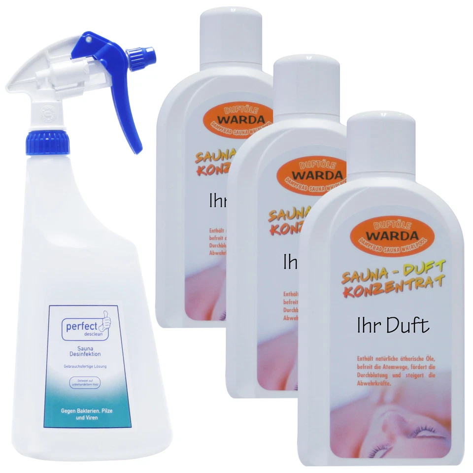 MARKENLOS Warda Saunaaufguss 3x 1 Liter nach Wahl + Perfekt desclean 1 Liter Saunareiniger