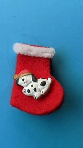 VINTAGE Homemade stocking puppy Christmas xmas pinback pin button  - Picture 1 of 4