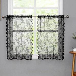 Black Lace Tier Curtains For Kitchen Windows 24 Inches Long Floral Embroidery Sh - Picture 1 of 7