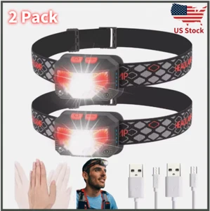 2Pcs Headlamp COB LED Rechargeable Headlight Torch Work Light Bar Head Band USB - Picture 1 of 6