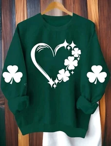 Green & White Heart & Shamrock Graphic Long Sleeve Crew Neck Sweatshirt X-Large - Picture 1 of 16