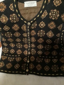 Tricots St. Raphael Women's Wool Vest Button Knit Cardigan Black and Gold Sz Med - Picture 1 of 5