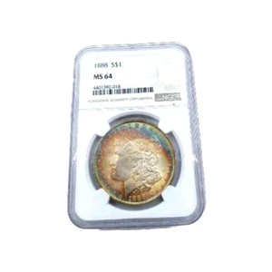 Dual Crescent Monsteer Toned 1888 MORGAN DOLLAR NGC MS64 Amazing Flashy Lustrous - Picture 1 of 4