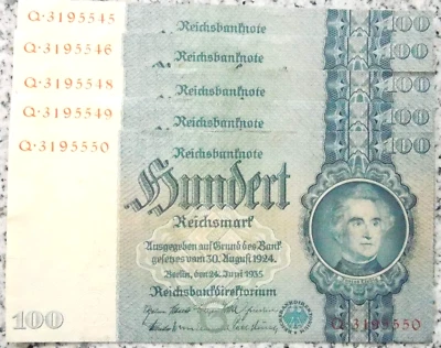 GERMAN BANKNOTE 5x 100 REICHSMARK 1935 SWASTIKA 3RD WW2 Money Bill Number! RARE - Image 1 of 4