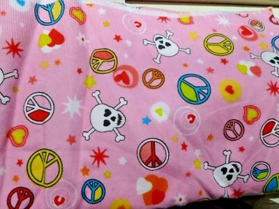 Skulls bones hearts Peace signs pink 100% cotton Flannel FABRIC DIY by YARD - Image 1 of 2
