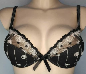 Freya Roses Plunge Bügel BH Set Gr.70D UK 32D Schwarz Weiß Wattiert mit String - Bild 1 von 11