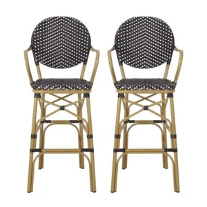 Noble House Outdoor Bar Stools 46.5"H Chic Aluminum Black/White/Bamboo 2-Piece - Picture 1 of 10