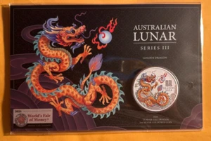 2024 Year Of Dragon Golden Dragon 1oz Silver Coloured Coin In Card - Perth Mint - Foto 1 di 2