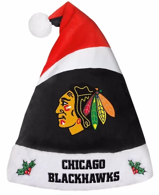 FOREVER COLLECTIBLES CHICAGO BLACKHAWKS NHL Licensed Hockey League Team Christmas Santa Hat - Adult
